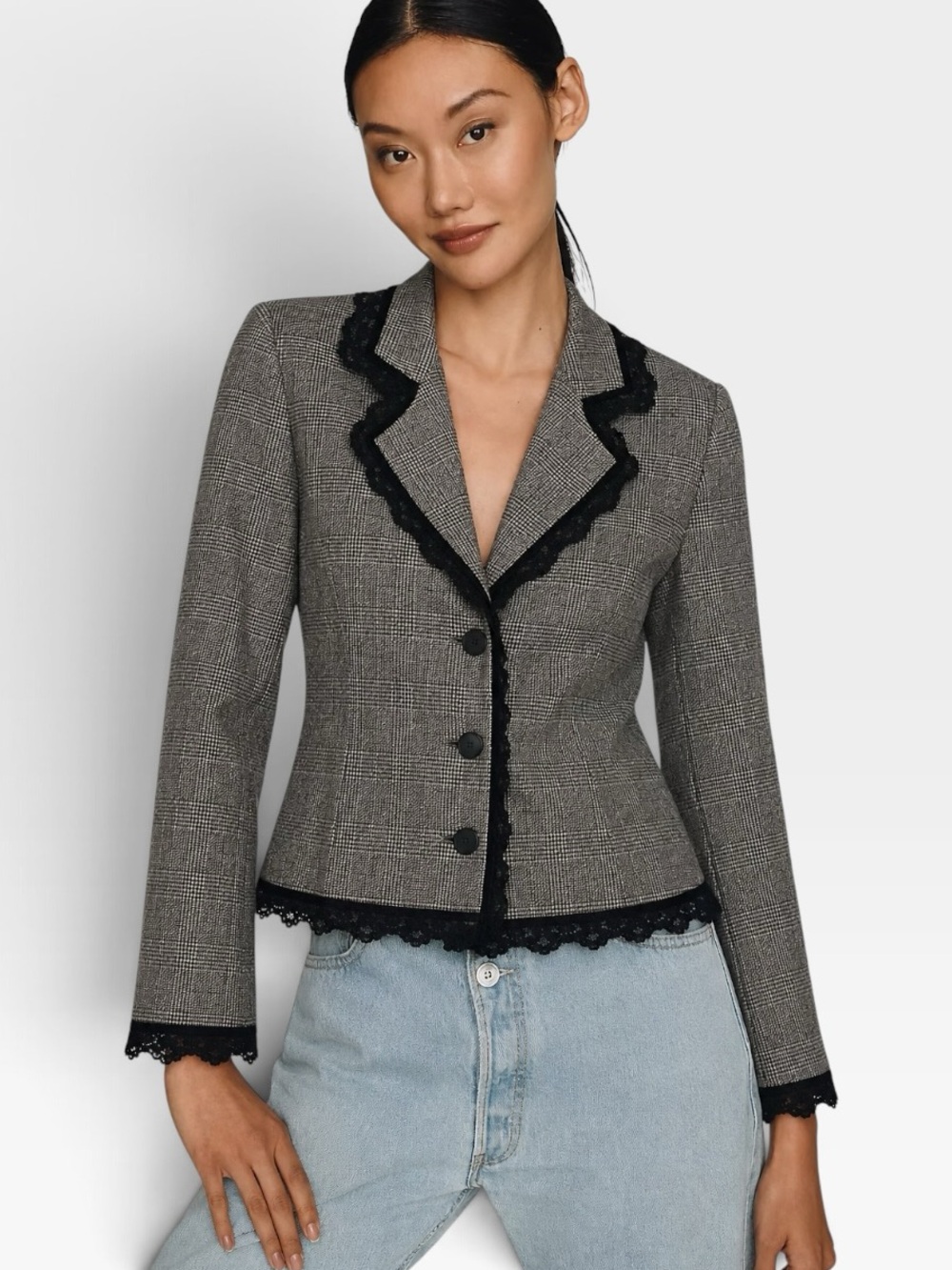 Love Moschino Glen Plaid Cropped Blazer with Black Lace Trim NWT 8